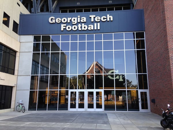 The exterior of the Georgia Tech football offices, from Callaway Plaza at the north end of Bobby Dodd Stadium.