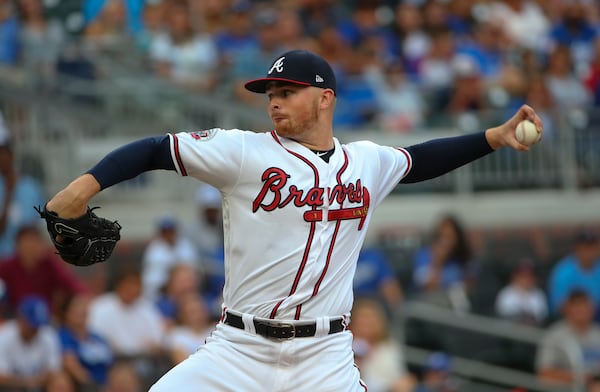 Braves starting pitcher Sean Newcomb works against the Los Angeles Dodgers on Thursday, Aug. 3, 2017, in Atlanta. (AP Photo/John Bazemore)