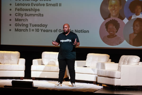 Joey Womack, the founder of tech nonprofit Goodie Nation gives remarks at the close of the 2023 Intentionally Good Summit at Woodruff Arts Center on Thursday, September 28, 2023. (Natrice Miller/ Natrice.miller@ajc.com)