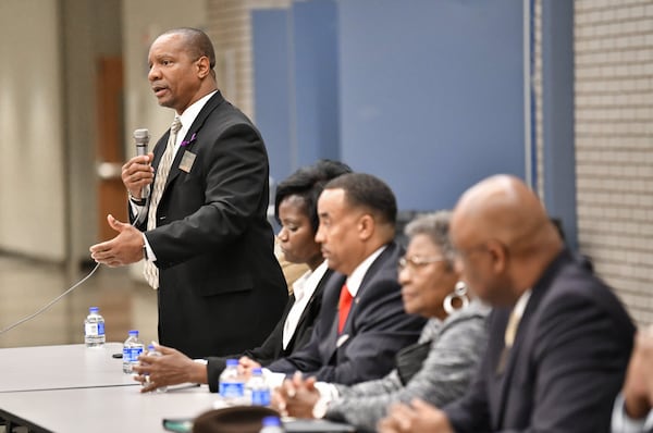 Candidate Carl Mobley speaks during a DeKalb County sheriff candidates forum at Redan High School in Stone Mountain on Thursday, February 13, 2020. (Hyosub Shin / Hyosub.Shin@ajc.com)