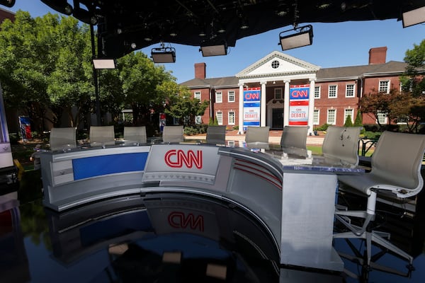 The CNN Presidential Debate "game day" stage is shown at the CNN-Techwood campus, Wednesday, June 26, 2024, in Atlanta ahead of the first Presidential Debate between former President Donald Trump and President Joe Biden the following day. (Jason Getz/The Atlanta Journal-Constitution/TNS)