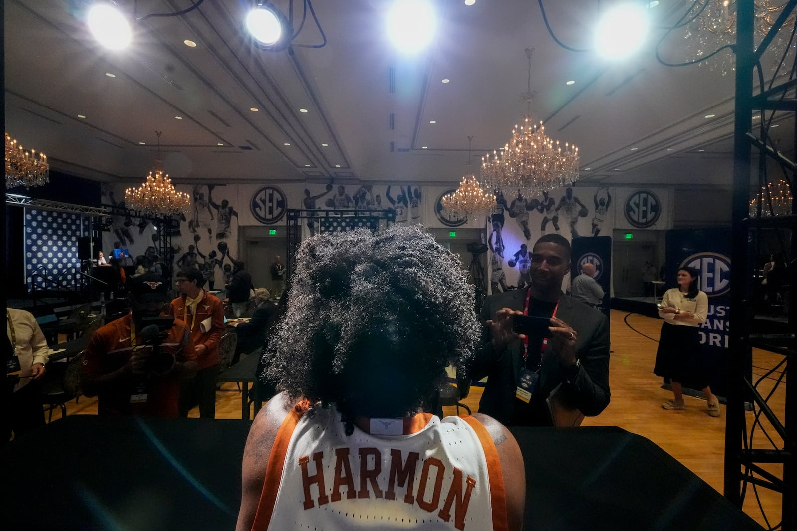 Texas player Rori Harmon speaks during NCAA women's college basketball Southeastern Conference Media Day, Wednesday, Oct. 16, 2024, in Birmingham, Ala. (AP Photo/Mike Stewart)