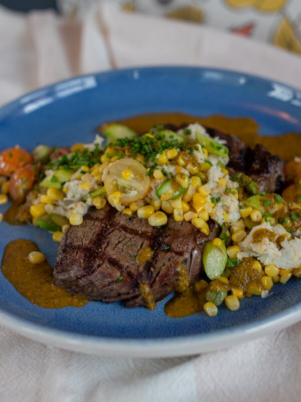 Chatel Farms Rib-eye with Succotash "Oscar" brings plenty from the garden to the table. (Courtesy of Milton’s Cuisine & Cocktails)