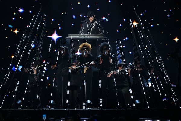 Chris Lowe from the 'Pet Shop Boys' perform alongside the Manchester Camerata during the MTV European Music Awards in Manchester, England, Sunday, Nov. 10, 2024. (Scott A Garfitt/Invision/AP)