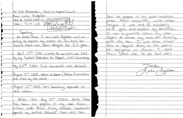 Inmate Leslie Singleton sent this hand-written letter in 2023 asking the Fulton County Superior Court why his motion for a new trial had been delayed for more than 20 years.