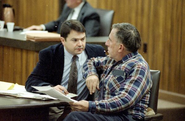 McCracken Poston, left, and Alvin Ridley in court in 1999. Ridley was charged with murder in his wife's death. He was acquitted.