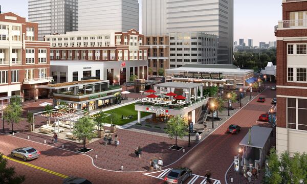 Rendering of Central Park in Atlantic Station. Developer Hines plans to knock down the former Strip restaurant space to expand green space and potentially add two “jewel box” food and beverage outlets near the movie theater.