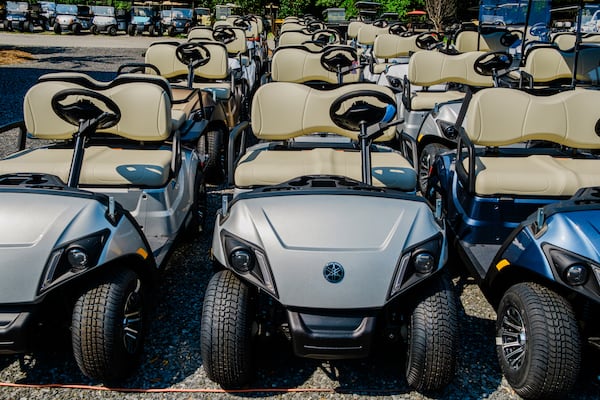 Carts at Golf Rider, one of the area’s many golf cart dealerships, in Peachtree City, Ga., Aug. 14, 2023. Golf carts are alll over the area. (Gabriela Bhaskar/The New York Times)