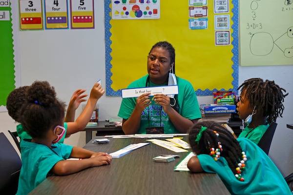 Jayla Atkins, a Clark Atlanta University senior, works with a group of first graders in the Horizons Atlanta summer program on Thursday, June 9, 2022. Clark Atlanta educators are participating in a five-day conference organized by the United Negro College Fund that aims to help historically Black colleges and universities improve academic services in areas like online education, technology and student performance. (Natrice Miller / natrice.miller@ajc.com)
