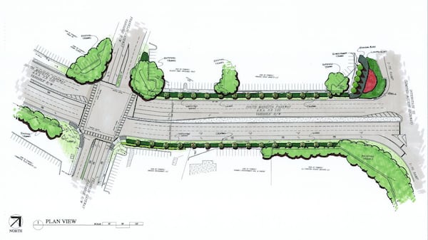 A rendering of landscaping improvements that will be installed along South Marietta Parkway between Interstate 75 and Franklin Gateway.