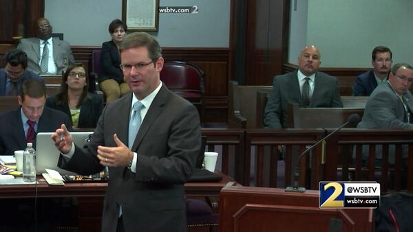 Prosecutor Chuck Boring cross examines memory expert Dr. Gene Brewer during the murder trial of Justin Ross Harris at the Glynn County Courthouse in Brunswick, Ga., on Thursday, Nov. 3, 2016. Boring repeatedly made the point that Dr. Brewer had never heard of cases of children forgotten in cars that featured certain details of Harris' case. (screen capture via WSB-TV)