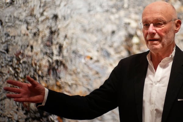 Anselm Kiefer talks during a press preview of the Anselm Kiefer exhibit at the Van Gogh Museum and Stedelijk Museum in Amsterdam, Netherlands, Wednesday, March 5, 2025. (AP Photo/Peter Dejong)