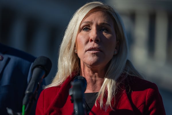 Congresswoman Marjorie Taylor Greene (R-GA) speaks at a press conference with Congressman Tony Gonzalez (R-TX) on border security on November 14th, 2023 in front of the Capitol in Washington, DC. (Nathan Posner for the Atlanta Journal-Constitution)