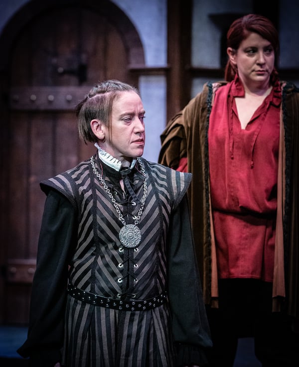 Antonio (Mary Ruth Ralston, left) and his friend Bassanio (Kelly Criss).