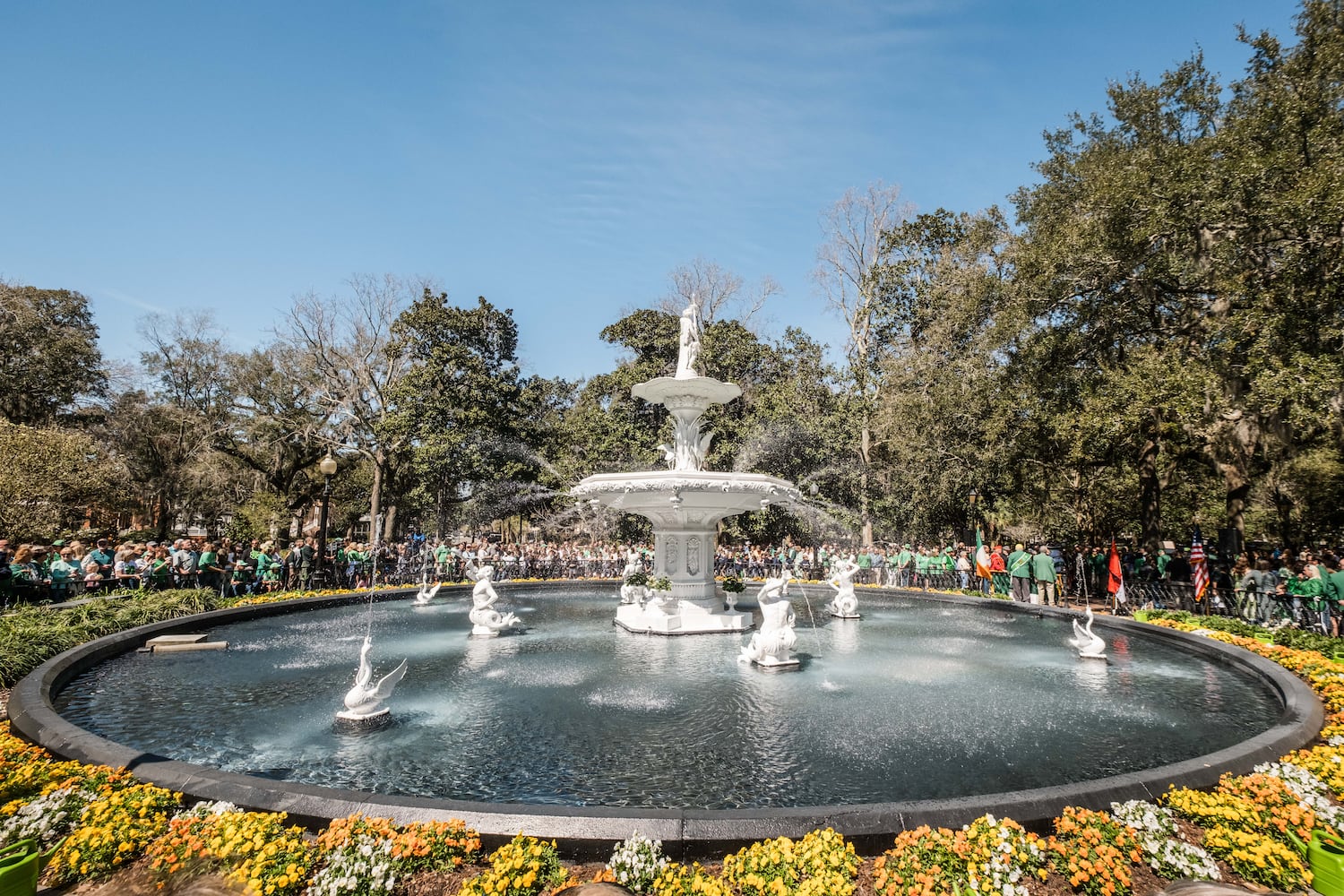 The dying of the fountain on March 7, 2025 in Savannah, GA. The dying of the fountain marks the beginning of the city’s St. Patrick’s Day festivities. (Justin Taylor/The Atlanta Journal Constitution)