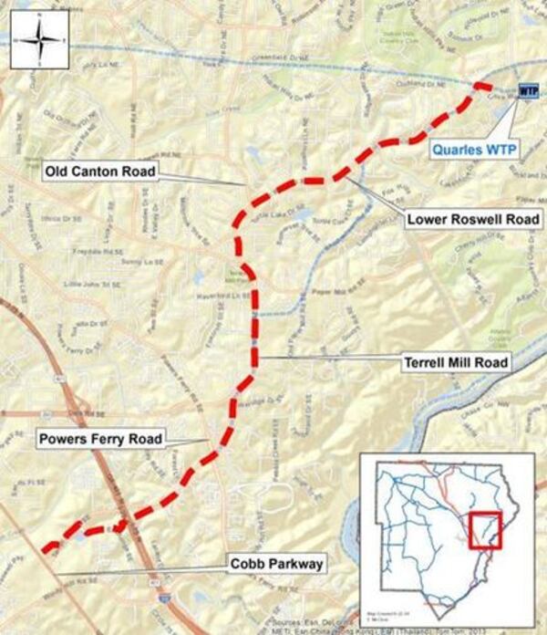 The $42 million project to replace 6.1 miles of water main in eastern Cobb County is expected to take two years and be a major traffic disruption. (Cobb County-Marietta Water Authority)