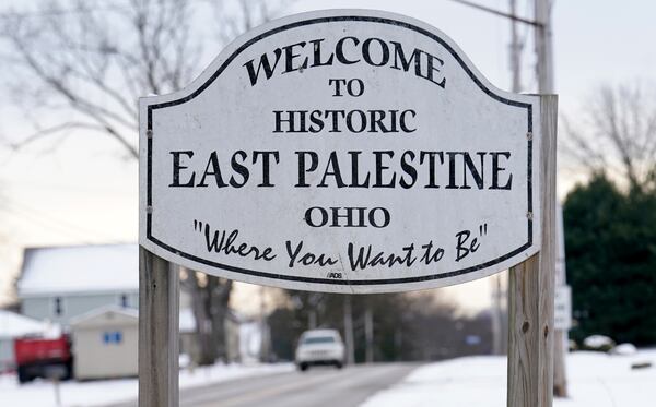 A welcome sign greets motorists, Monday, Jan. 22, 2024, in East Palestine. (Matt Freed for the Atlanta Journal Constitution)