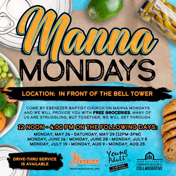 A flyer for the Manna Mondays food distribution program.