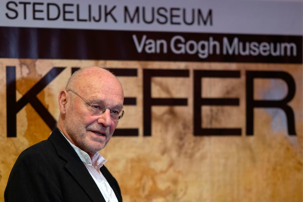 Anselm Kiefer reacts during a press preview of the Anselm Kiefer exhibit at the Van Gogh Museum and Stedelijk Museum in Amsterdam, Netherlands, Wednesday, March 5, 2025. (AP Photo/Peter Dejong)