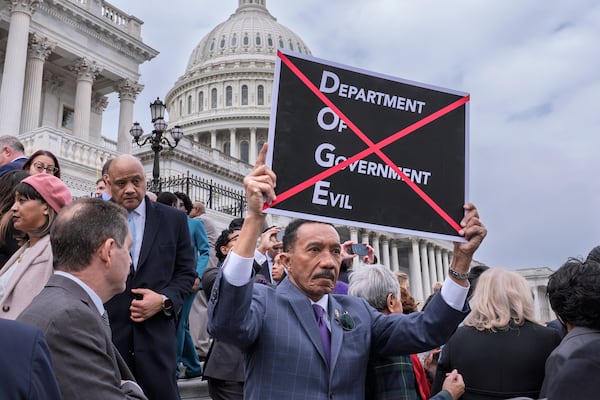 U.S. Rep. Kweisi Mfume of Maryland protests against the Department of Government Efficiency initiative led by Elon Musk. He and other House Democrats recently gathered to criticize the Republican budget plan at the Capitol in Washington.