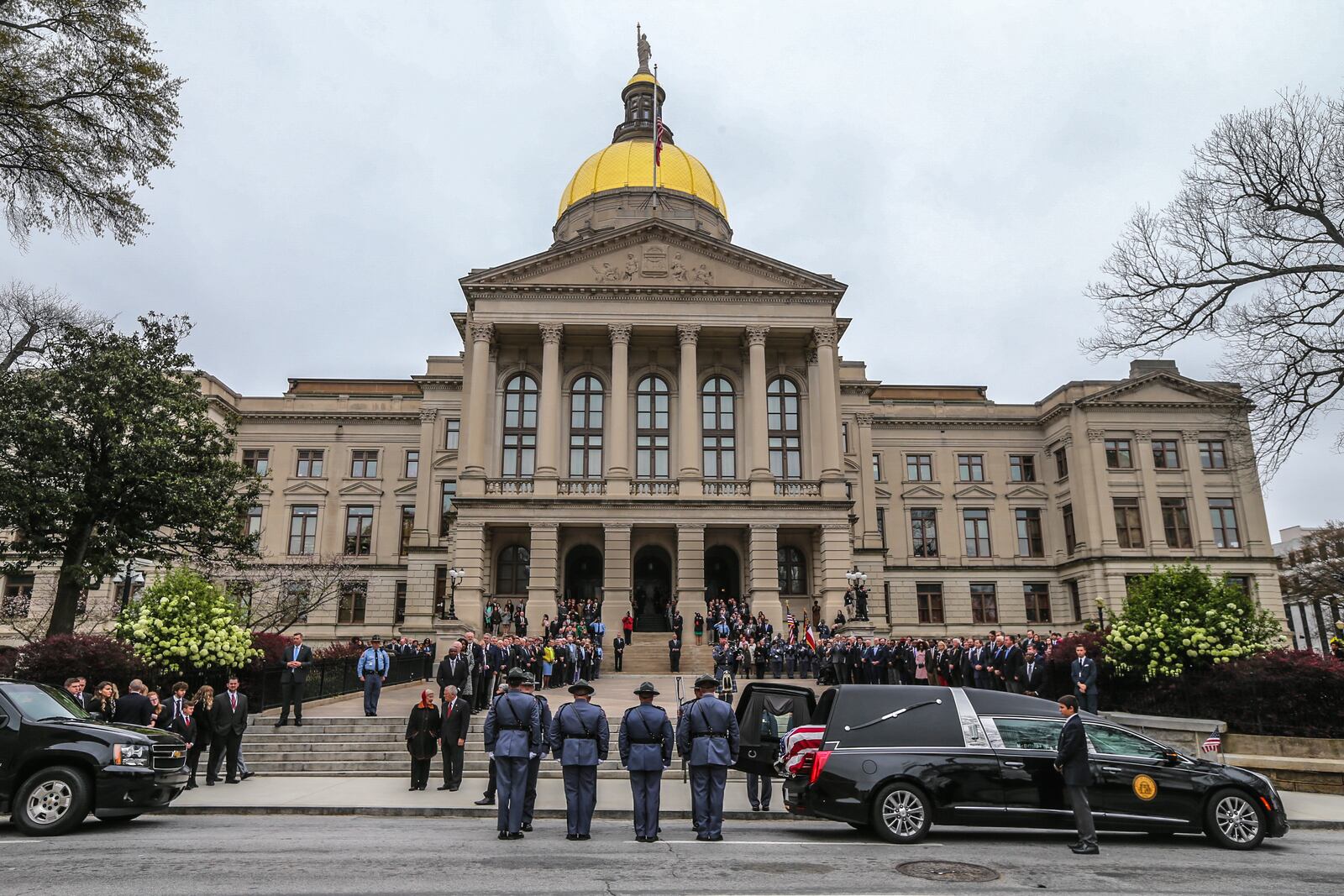 The casket of Zell Miller arrived at the State Capitol on Tuesday after a service at Peachtree Road United Methodist Church. He will lie in state until an executive state funeral on Wednesday. JOHN SPINK / JSPINK@AJC.COM