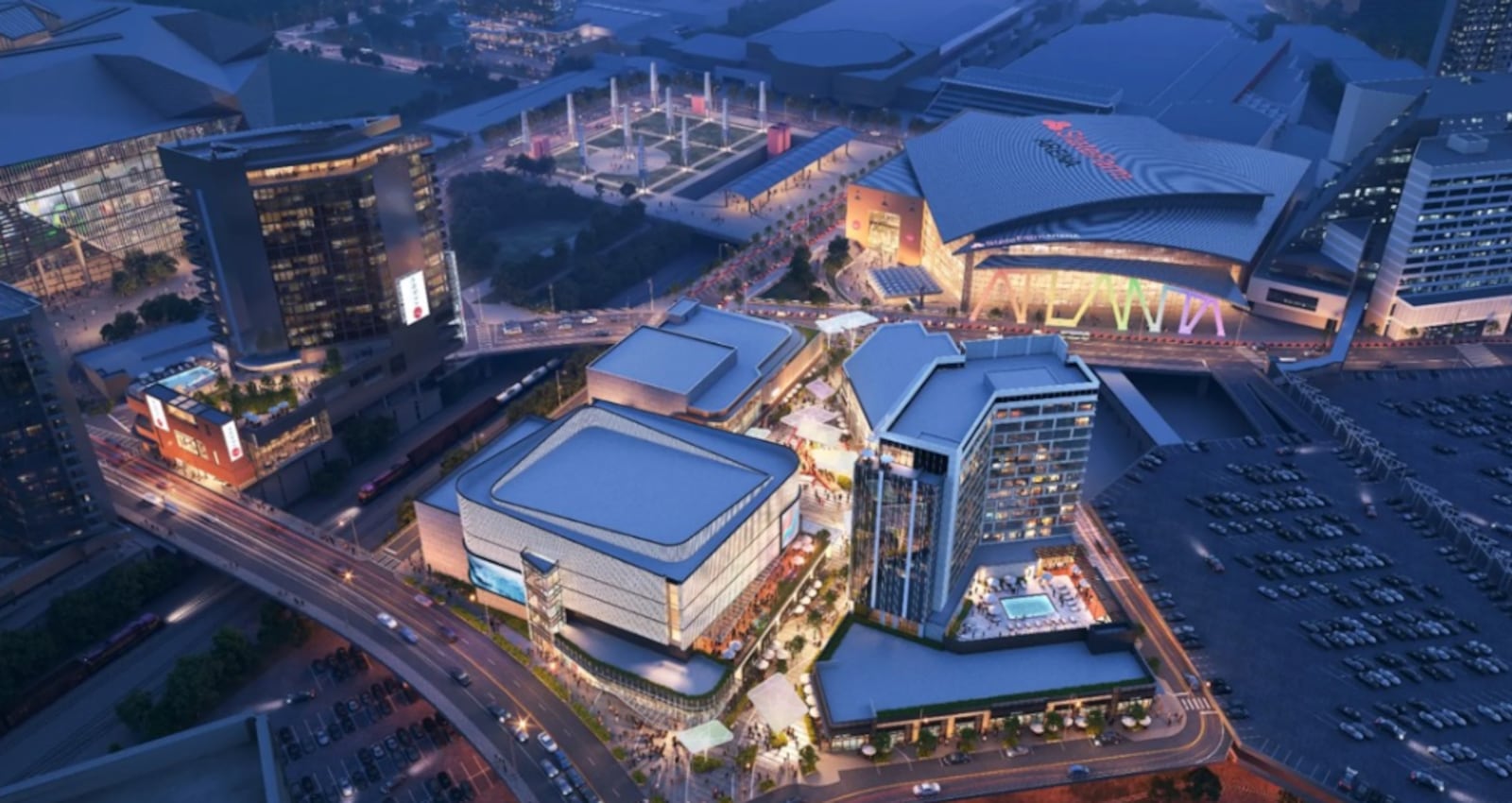 A rendering showing the entertainment district planned for Centennial Yards.