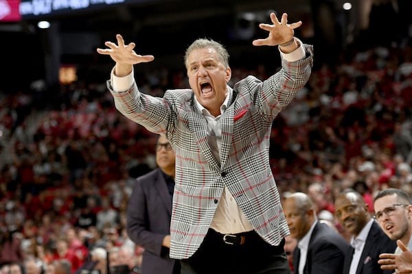 Arkansas coach John Calipari reacts to the officials call against Mississippi State during the second half of an NCAA college basketball game Saturday, March 8, 2025, in Fayetteville, Ark. (AP Photo/Michael Woods)