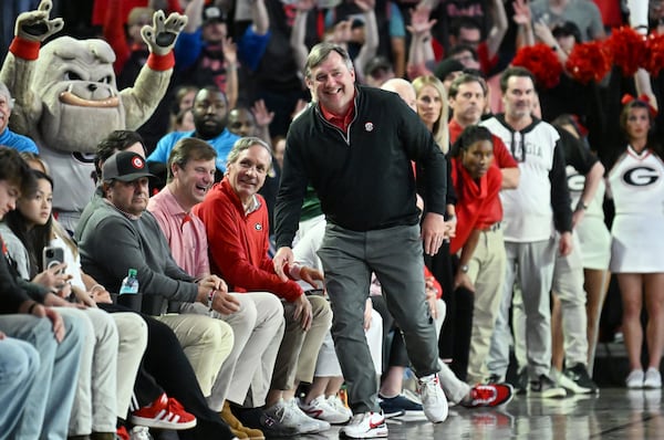 Kirby Smart reacts at the end of the second half of an NCAA college basketball game at Stegeman Coliseum, Tuesday, February 25, 2025, in Athens. against the Georgia won 88-83 over Florida. (Hyosub Shin / AJC)