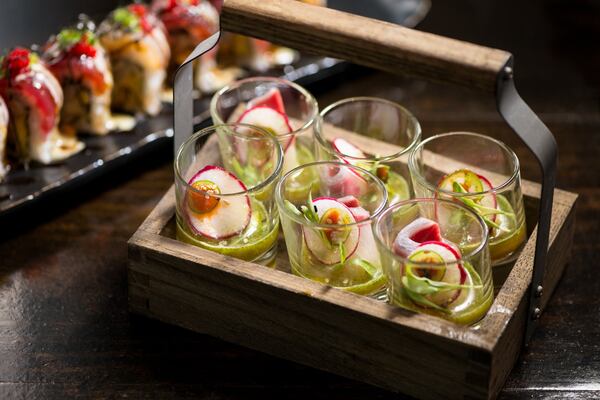  Yellowtail Jalapeno Shots with cilantro, sriracha, radish, balsamic pearls, and honey yuzu. Photo credit- Mia Yakel.