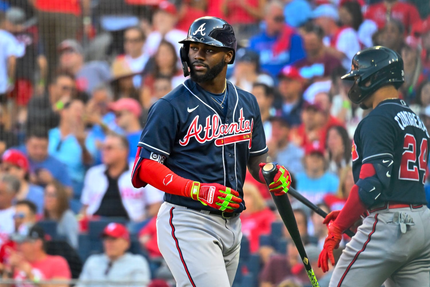 Braves outfielder Michael Harris strikes out during the fifth inning Saturday in Game 4 of the NLDS against the host Phillies. (Hyosub Shin / Hyosub.Shin@ajc.com)