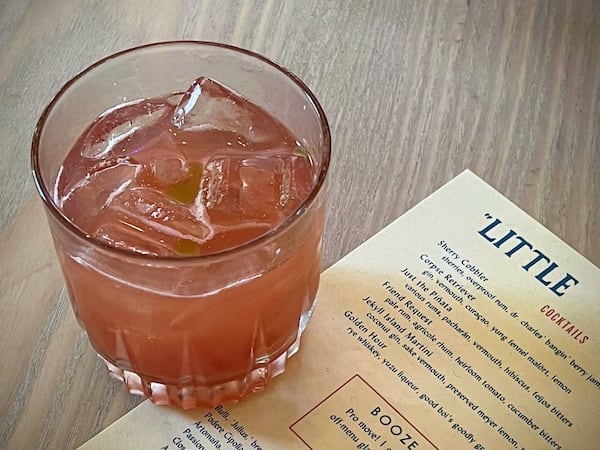 The Friend Request, like many of Little Bear bar manager Charles Howk's cocktails, makes use of vegetal flavors, with heirloom tomatoes and cucumber bitters. Henri Hollis/henri.hollis@ajc.com