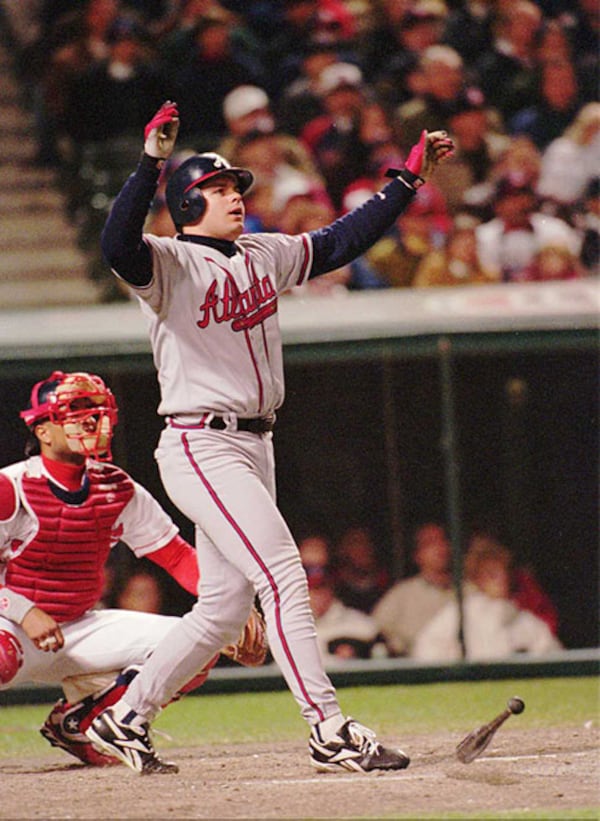 Braves' Ryan Klesko watches his solo home run in the sixth inning of Game 4 of the World Series Oct. 25, 1995, in Cleveland. The blast broke a scoreless tie. (Jonathan Newton/AJC)