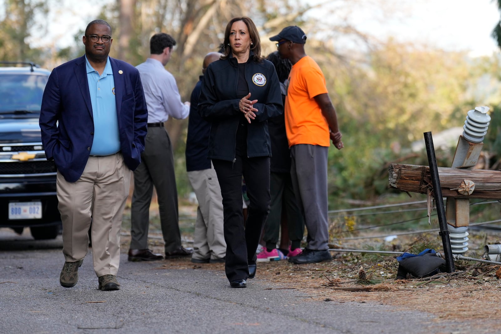 Augusta Mayor Garnett Johnson (left) is a guest today on the "Politically Georgia" show. He is pictured showing Vice President Kamala Harris damage from Hurricane Helene last week.