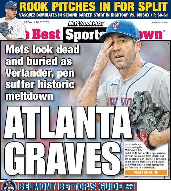 Back page of the New York Post on Friday after the Braves swept the Mets in a three-game series.