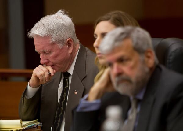 Tex McIver listens to witness Terri Sullivan on Day 4 of his murder trial in Fulton County on Friday. STEVE SCHAEFER / SPECIAL TO THE AJC