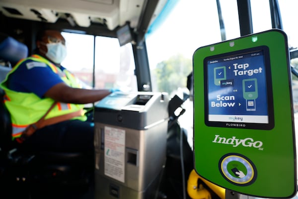 The IndyGo transit system uses pre-pay machines for easy and fast passenger flow at its stations. Miguel Martinez / miguel.martinezjimenez@ajc.com 