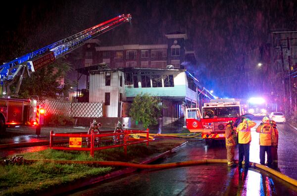 Firefighters work at a fire at Franklin Barbecue on Saturday August 26, 2017.