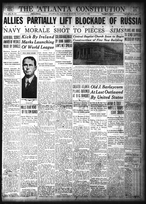 The Atlanta Constitution front page on Jan. 17, 1920.