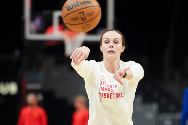 Hawks assistant coach Brittni Donaldson works with Hawks forward Saddiq Bey (not pictured) before the Hawks’ game against the Detroit Pistons at State Farm Arena, Monday, December 18, 2023, in Atlanta. (Jason Getz / Jason.Getz@ajc.com)