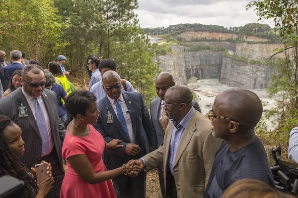 Atlanta Mayor Keisha Lance Bottoms greets individuals following the ground breaking ceremony for the new Westside Park at the Bellwood Quarry in Atlanta, Thursday, September 6, 2018. The park, planned for years as both a recreational center and reservoir for drinking water, has been seen as a potential catalyst for redevelopment of the city’s northwest side. (ALYSSA POINTER/ALYSSA.POINTER@AJC.COM)