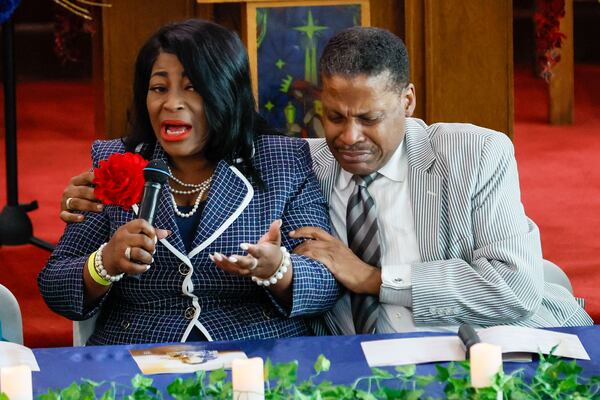 Angela Farris Watkins and Isaac N. Farris Jr., grandchildren of Alberta King, react during an emotional service, “Faith Over Fear,” recalling the events that family members endured the murder of MLK’s mother, Alberta King, 50 years ago at Ebenezer Baptist Church on Sunday, June 30, 2024, in Atlanta.
(Miguel Martinez / AJC)