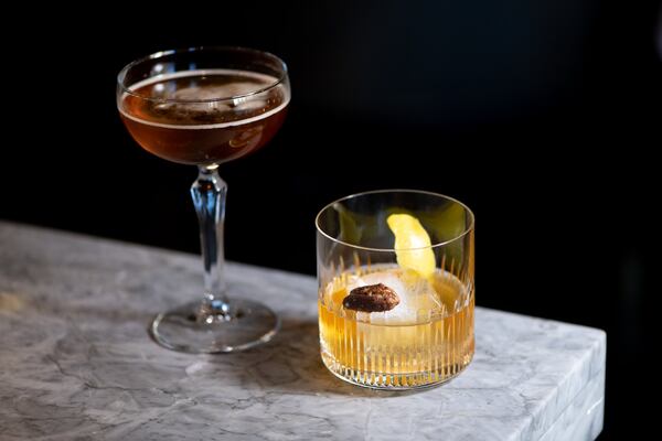 Mr. B. Bar Old Ivy cocktail (left) and a Coconut Pecan Old Fashioned (right). Photo credit- Mia Yakel.