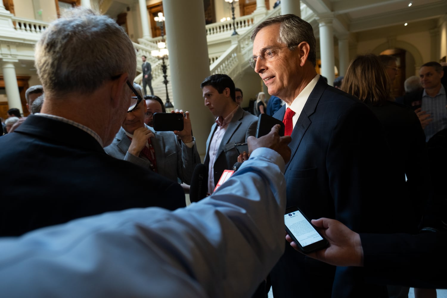 Secretary of State Brad Raffensperger speaks to journalists on the first day of qualifying Monday, March 7, 2022, at the Georgia State Capitol. (Ben Gray for The Atlanta Journal-Constitution)