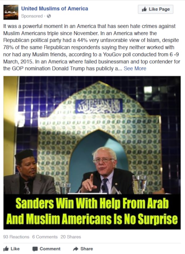 A Russian page called “United Muslims of America” aims to unite Muslim Americans and their allies by attacking Republicans and praising Sanders.