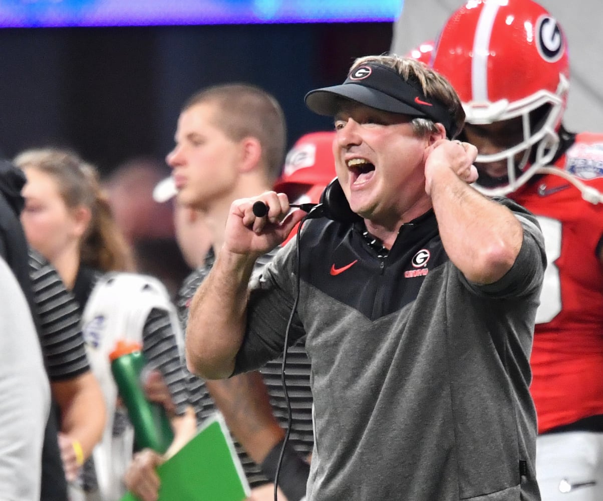 Georgia Bulldogs head coach Kirby Smart reacts during the first half of the College Football Playoff Semifinal between the Georgia Bulldogs and the Ohio State Buckeyes at the Chick-fil-A Peach Bowl In Atlanta on Saturday, Dec. 31, 2022. (Hyosub Shin / Hyosub.Shin@ajc.com)