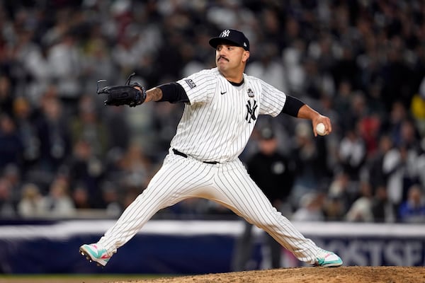 FILE - New York Yankees pitcher Nestor Cortes throws against the Los Angeles Dodgers during the fourth inning in Game 3 of the baseball World Series, Monday, Oct. 28, 2024, in New York. (AP Photo/Godofredo A. Vásquez, File)