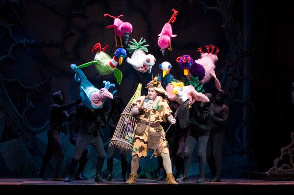 Papageno from the Atlanta Opera’s new production of Mozart’s “The Magic Flute” is surrounded by birds created in the work-room of the Center for Puppetry Arts.