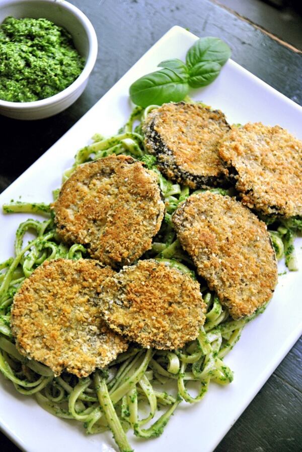 Crispy Eggplant with Kale Pesto Fettucine. (Gretchen McKay/Post-Gazette/TNS)