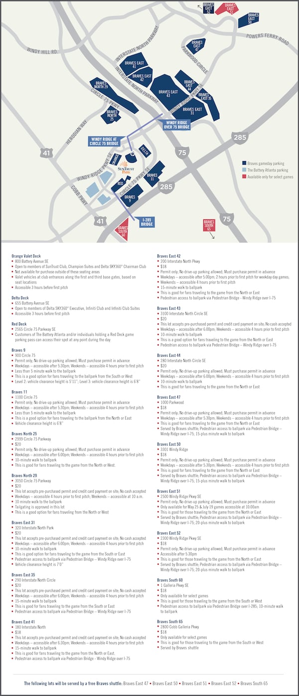 The Atlanta Braves have released a parking plan for SunTrust Park, the new stadium in Cobb County. There are about 14,000 parking spots near SunTrust Park, compared to Turner Field’s almost 8,700 spaces. Some lots are reserved for season-ticket holders while others are public.