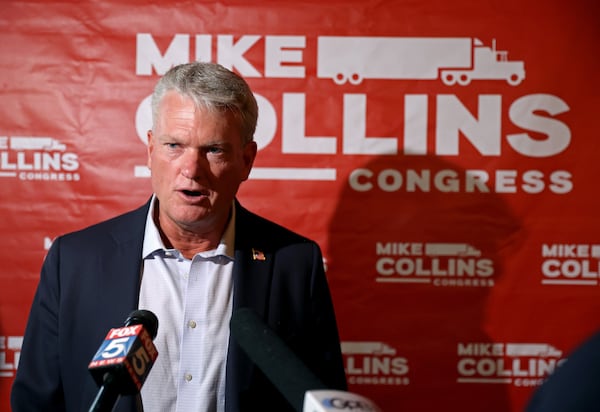 062122 Jackson, Ga.: Mike Collins speaks to members of the media during his watch party for Georgia’s 10th Congressional District runoff at The Brickery, Tuesday, June 21, 2022, in Jackson, Ga.. Collins is a trucking company owner and son of the late congressman Mac Collins. (Jason Getz / Jason.Getz@ajc.com)